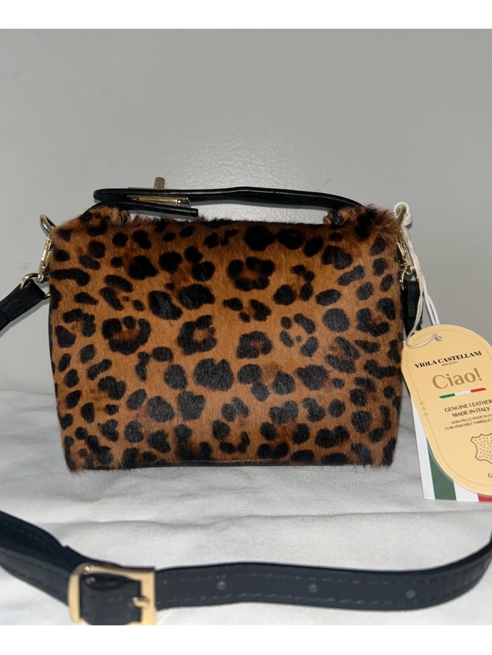NEW! VIOLA CASTELLANI Calf Hair Leopard Print Top Handle Crossbody Bag